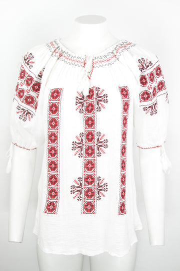 Vintage 70s Short Sleeve Embroidered Blouse - M