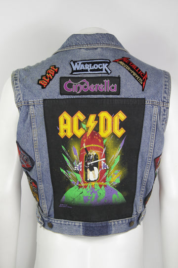 Vintage Sleeveless Denim Jacket With Band Patches; Metallica, ACDC 1989, Dio, Whitesnake, Cinderella and Warlock