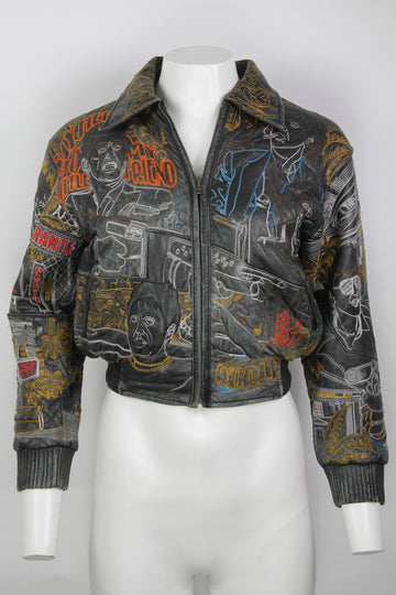 Vintage Scarface Embroidered Leather Bomber Jacket - XS