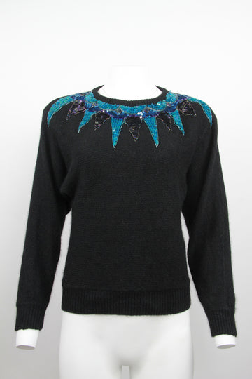Ladies 80s knit - Blue and Black sequin adorned collar - Black - S/M