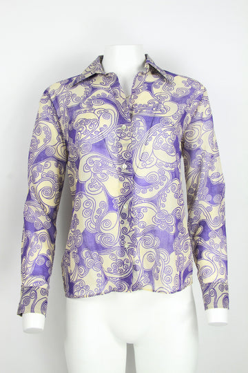 70s blouse purple and white swirl psychedelic pattern - S /M