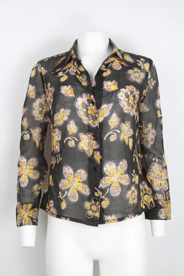 70s blouse faded black with batik style floral pattern - M