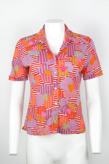 70s stripe and floral - red pink and orange - short sleeve blouse - S