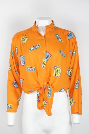 80s/90s Daniel Duval Paris tie front orange blouse - S