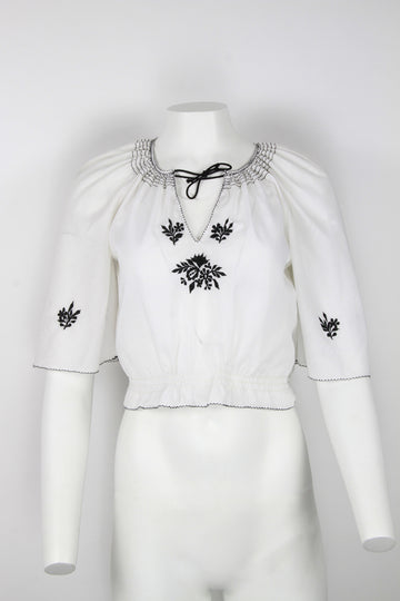 Short sleeved blouse with black floral embroidery - S