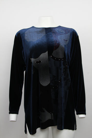 Navy velvet top with printed woman and diamanté design- XL