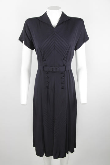 Vintage 1930s/40s dress - Black with chevron stitch and button details - S
