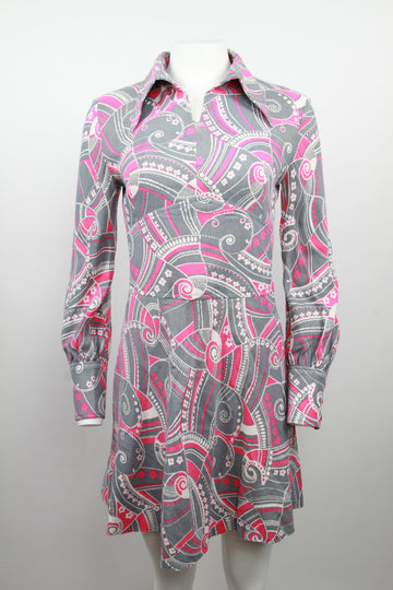 70's pointed collar open neck pink/grey psychedelic print - S