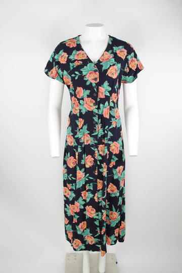 90s navy rose pattern short sleeve dress - S