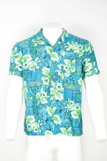 60s Hawaiian shirt - turquoise floral pattern - L
