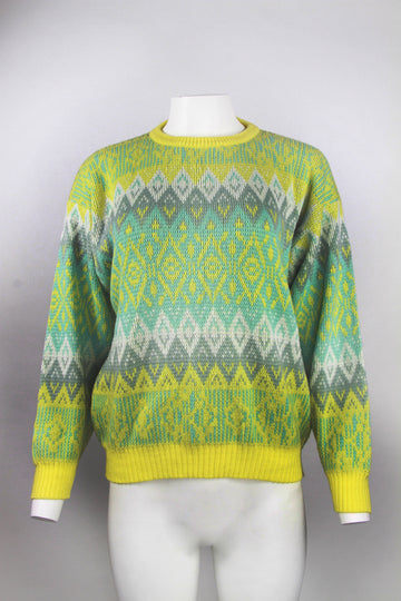 Ladies 80's/90's Lemon and aqua geometric pattern jumper - S/M