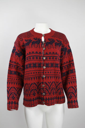 Women's Woolrich Norwegian style cardigan in red with reindeer pattern - M