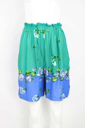 Turquoise and blue floral shorts with ruffled waist band - S