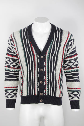 Vintage Men's 80s/90s raised textured patterned cardigan - White and Navy - XL