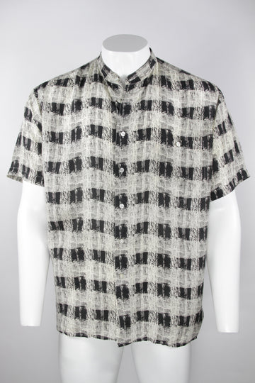 Vintage Short Sleeve Silk Shirt - Collarless Abstract Black & White - L