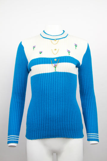 Skinny Rib Knit - Embroidered flowers and gold chain adornment - Blue - M